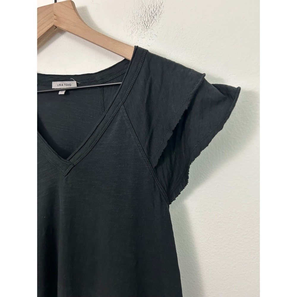 Lisa Todd Black Cotton Ruffle Sleeve Mini Dress Rainbow Whipstitch Small - Picture 9 of 11